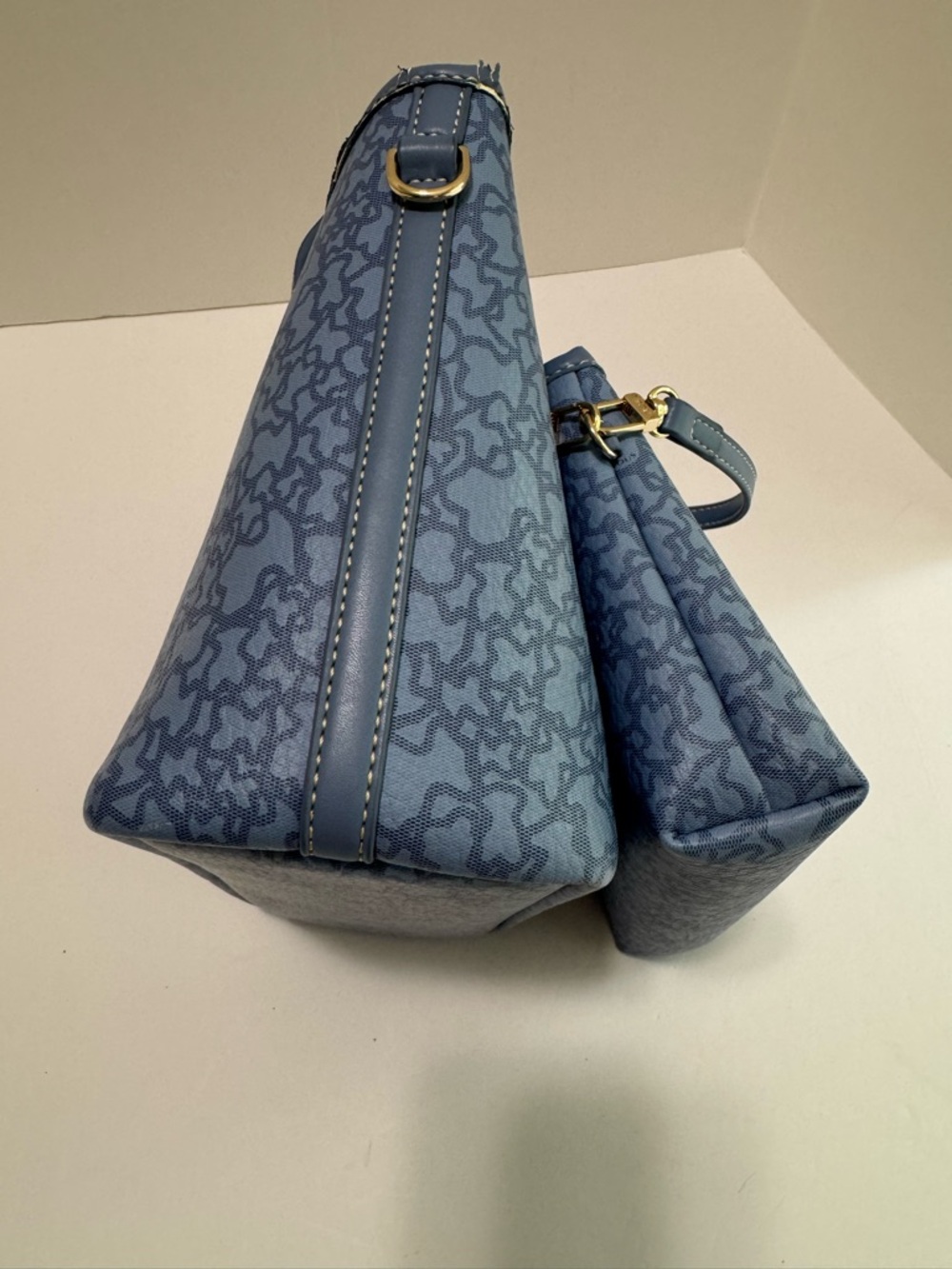 TOUS Kaos Bear Monogram Blue Tote & Wristlet Pouch Set Gold Tone - Picture 14 of 17